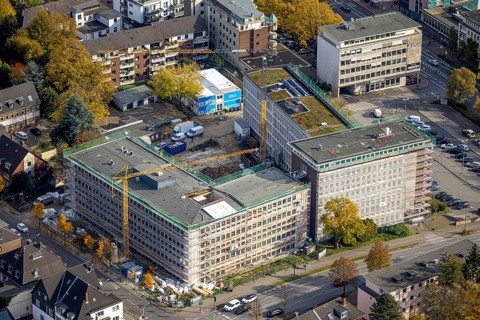 Aerial view, New Bauknecht Quarter with construction work at the RAG building Gleiwitzer Platz in