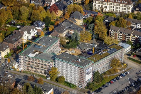 Aerial view, New Bauknecht Quarter with construction work at the RAG building Gleiwitzer Platz in