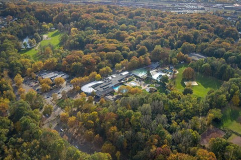 Aerial view, Solbad Vonderort with sauna, wellness and outdoor pool in the autumnal Revierpark