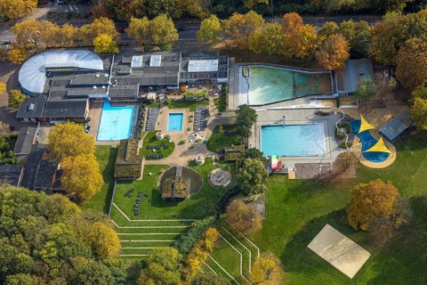 Aerial view, Solbad Vonderort with sauna, wellness and outdoor pool in the Revierpark Vonderort in