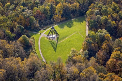 Aerial view, pyramid sculpture with shadows in the health park Quellenbusch in the district south