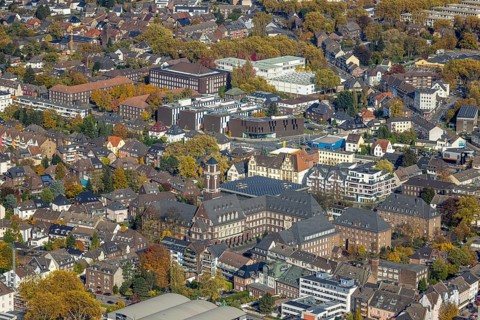 Aerial view, city centre view with town hall and university Ruhr West - Campus Bottrop in the