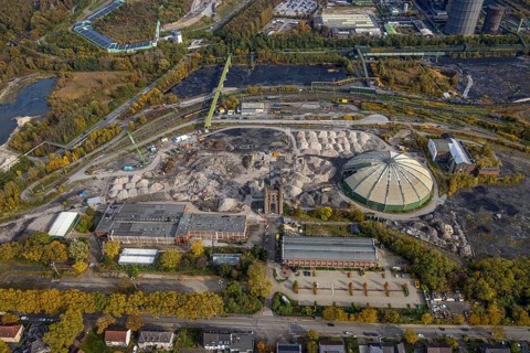 Aerial view, Prosper II colliery and round raw coal mixing hall and Malakow tower in the