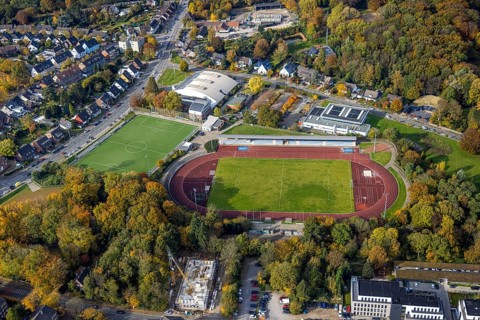 Aerial view, Jahnstadion with Dieter-Renz-Halle and indoor swimming pool in the sports park in the