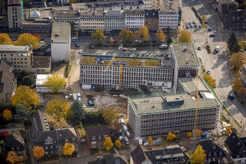 Aerial view, New Bauknecht Quarter with construction work at the RAG building Gleiwitzer Platz in
