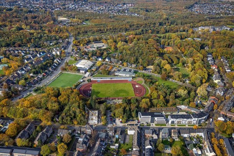 Aerial view, Jahnstadion with Dieter-Renz-Halle and indoor swimming pool in the sports park in the