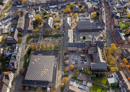 Aerial view, town hall and hall building in the district Altstadt in Bottrop, Ruhr area, North