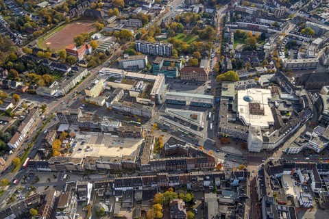 Aerial view, trapeze courtyard reconstruction in the district Altstadt in Bottrop, Ruhr area, North