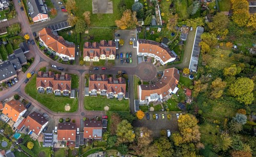 Aerial view, Semi-circular housing estate Im Johannestal in the district Boy in Bottrop, Ruhr area,