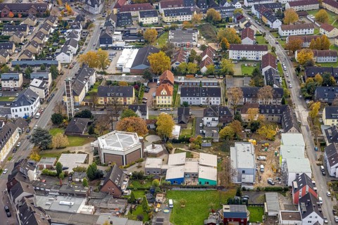 Aerial view, parish church St. Johannes, catholic kindergarten St. St. Johannes and construction