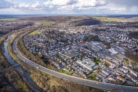 Aerial view, industrial area with Arnsberger Metallwerke, Ruhr valley cycle path and Ruhr