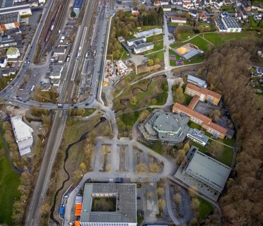 Aerial photo, construction site and new construction of vocational training centre on the