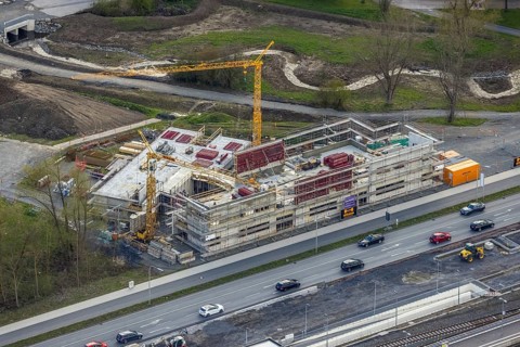 Aerial view, construction site and new construction of vocational training centre on the