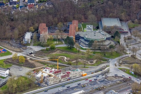 Aerial view, construction site and new construction of vocational training centre on the
