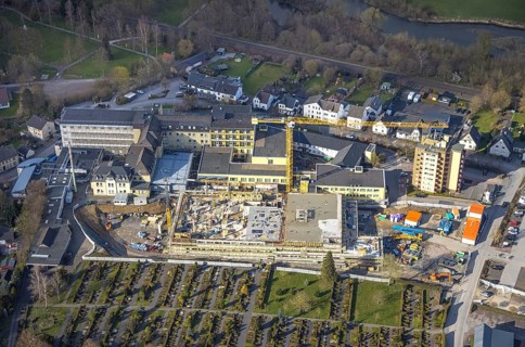Aerial view, construction site and new building at Hochsauerland Clinic, Hüsten, Arnsberg,