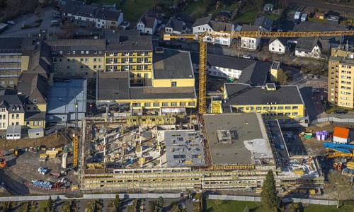 Aerial view, construction site and new building at Hochsauerland Clinic, Hüsten, Arnsberg,