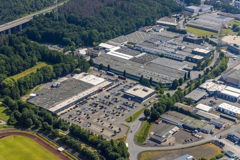 Aerial view, industrial area Westring, META-Regalbau, company premises Fritz Streiter, Bruchhausen,