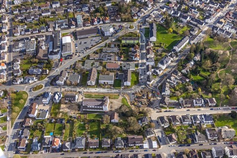 Aerial view, oval roundabout Alter Holzweg and Graf-Gottfried-Straße, construction site Ehmsenplatz