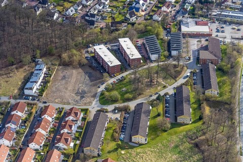 Aerial view, brownfield site in housing estate Ernst-König-Straße, Neheim, Arnsberg, Sauerland,