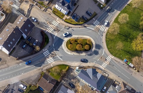 Aerial view, oval roundabout Alter Holzweg and Graf-Gottfried-Straße, Neheim, Arnsberg, Sauerland,
