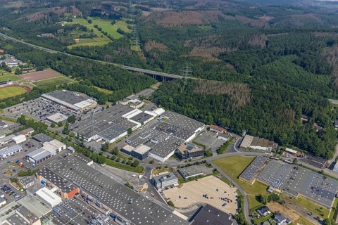 Aerial view, industrial area Westring, META-Regalbau, company premises Fritz Streiter, Bruchhausen,