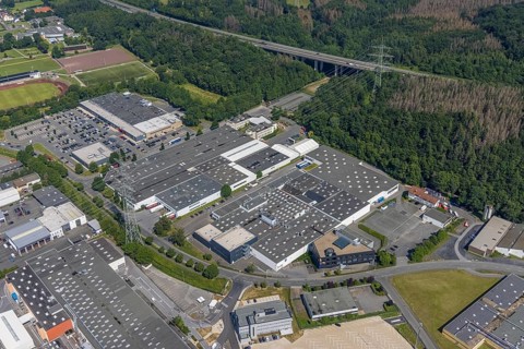 Aerial view, industrial area Westring, META-Regalbau, company premises Fritz Streiter, Bruchhausen,