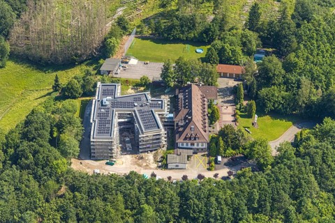 Aerial view, construction site and new building for the children's home Marienfrieden, SkF
