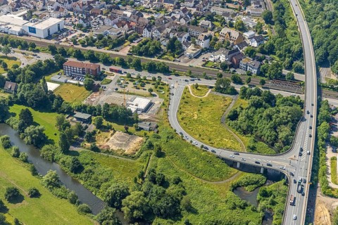 Aerial view, construction site and new construction of the Hagelstein rescue station next to the