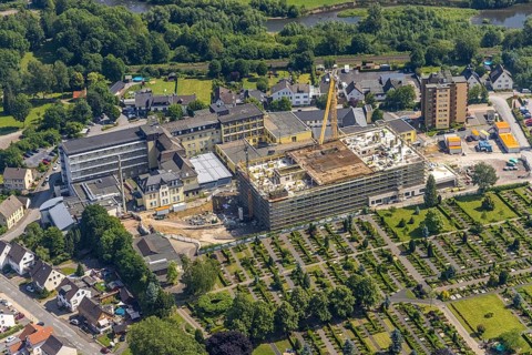 Aerial view, construction site and extension of Hochsauerland Karolinen-Hospital Hüsten, Hüsten,