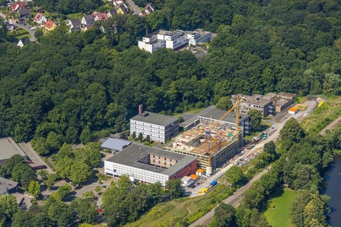 Aerial view, construction site and new building, Berufskolleg Berliner Platz, Hüsten, Arnsberg,