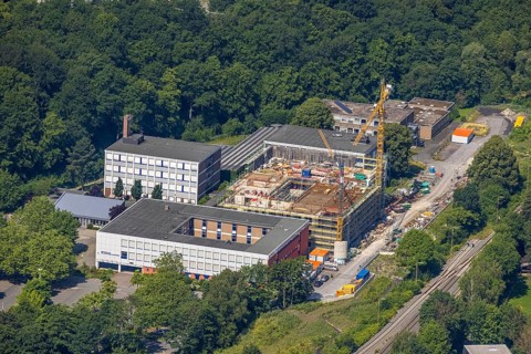 Aerial view, construction site and new building, Berufskolleg Berliner Platz, Hüsten, Arnsberg,