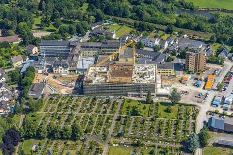 Aerial view, construction site and extension of Hochsauerland Karolinen-Hospital Hüsten, Hüsten,