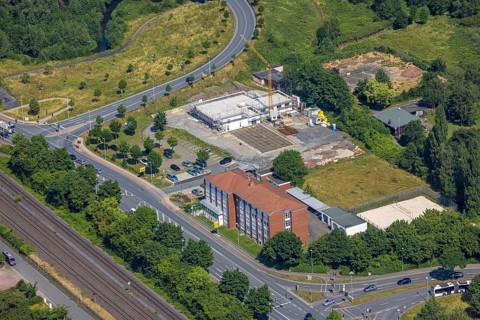 Aerial view, construction site and new construction of the Hagelstein rescue station next to the