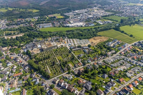 Aerial view, construction site and extension of Hochsauerland Karolinen-Hospital Hüsten, Hüsten,