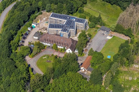 Aerial view, construction site and new building for the children's home Marienfrieden, SkF