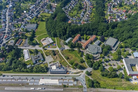 Aerial view, construction site, new building extension for Hochsauerlandkreis vocational college,