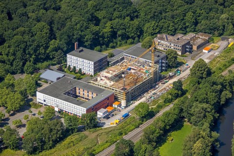 Aerial view, construction site and new building, Berufskolleg Berliner Platz, Hüsten, Arnsberg,