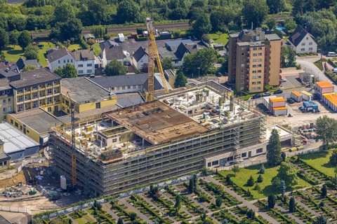 Aerial view, construction site and extension of Hochsauerland Karolinen-Hospital Hüsten, Hüsten,