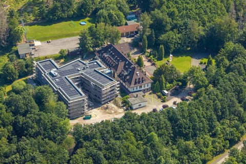 Aerial view, construction site and new building for the children's home Marienfrieden, SkF