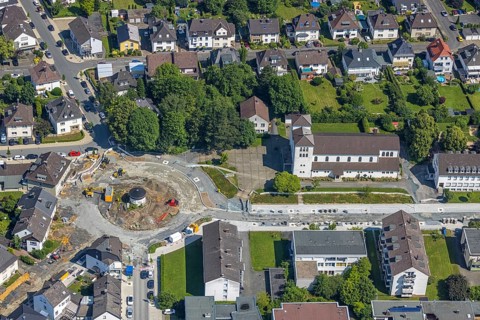 Aerial view, construction site and redesign of roundabout Pfarrer-Leo-Reiners-Platz, formerly