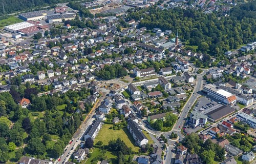 Aerial view, oval roundabout Alter Holzweg and Graf-Gottfried-Straße, construction site
