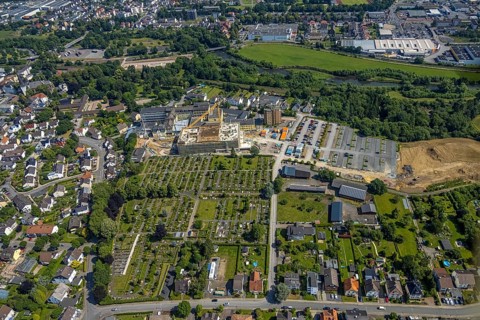 Aerial view, construction site and extension of Klinikum Hochsauerland Karolinen-Hospital Hüsten,
