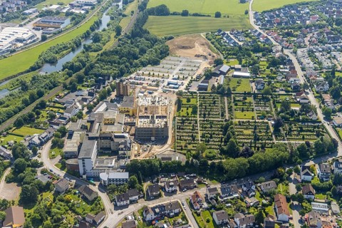 Aerial view, construction site and extension of Hochsauerland Karolinen-Hospital Hüsten, Hüsten,