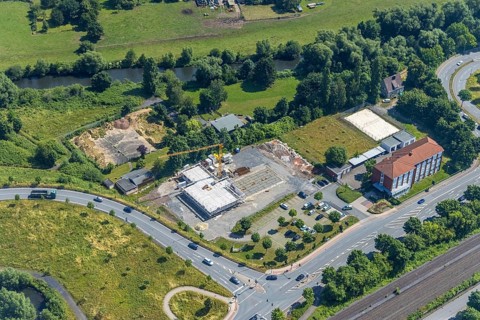 Aerial view, construction site and new construction of the Hagelstein rescue station next to the