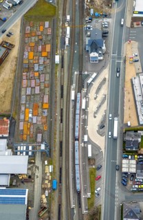 Aerial view, Bad Laasphe station, Siegerland, North Rhine-Westphalia, Germany, Bad Laasphe, railway