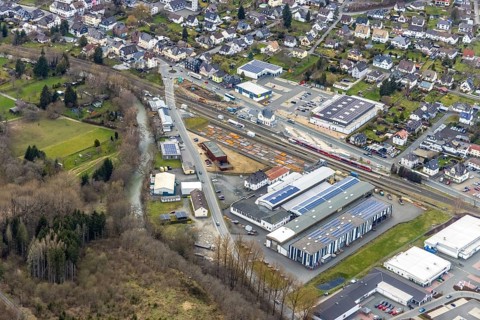 Aerial view, Bad Laasphe railway station, Siegerland, North Rhine-Westphalia, Germany, Bad Laasphe,