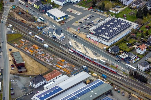 Aerial view, Bad Laasphe railway station, Siegerland, North Rhine-Westphalia, Germany, Bad Laasphe,