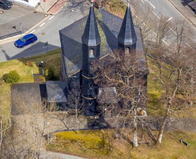 Aerial photo, Protestant church in Banfe, Bad Laasphe, Siegerland, North Rhine-Westphalia, Germany,