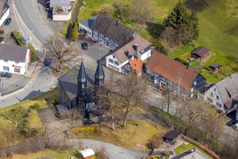 Aerial photo, Protestant church in Banfe, Bad Laasphe, Siegerland, North Rhine-Westphalia, Germany,