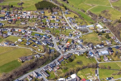 Aerial view, local view, Banfe Valley School and Protestant Church in Banfe, Bad Laasphe,